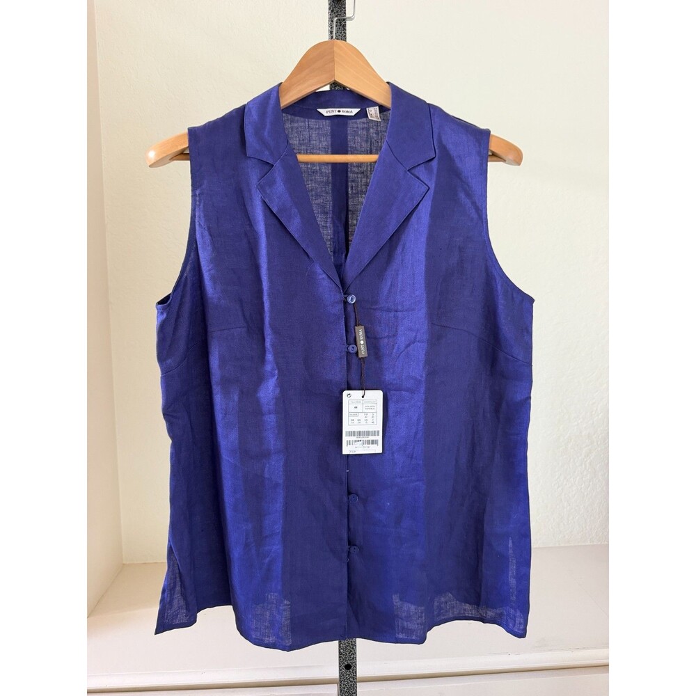 Punt Roma Linen Button Front Top Shirt Womens 12 Blue NEW Sleeveless Notch Collr